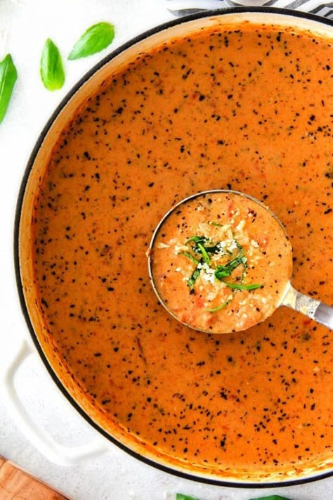 Parmesan-Tomato-Basil-Soup-7 Best Winter Soups, Tomato Basil Soup Recipe, Parmesan Soup, Creamy Tomato Basil Soup, Carlsbad Cravings, Basil Soup, Pureed Soup, Tomato Basil Soup, Winter Soups