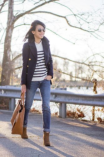 Cream And Navy Striped Sweater Outfit, Brown Suede Ankle Boots Outfit, Camel Ankle Boots Outfit, Tan Ankle Boots Outfit, Tan Boots Outfit, Brown Ankle Boots Outfit, Navy Peacoat, Winter Leather Jackets, Boots Outfit Ankle