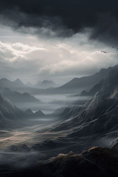 Dark Wilderness Aesthetic, Fantasy Void Landscape, Desolate Landscape Fantasy Art, Dark Valley Aesthetic, Desolate Aesthetic, Dark Mountain Aesthetic, Fantasy Wilderness, Rifts Rpg, Desolate Landscape