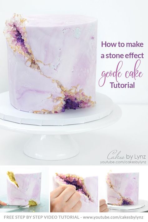 How to make a Stone Fondant Effect Geode Cake Tutorial with Sugar Crystals Geode Cake Tutorial, Cake With Edible Gold, Edible Gold Paint, Paint Cake, Birthday Cake Tutorial, Geode Cake Wedding, Purple Cakes Birthday, Buttercream Cake Designs, Geode Cake