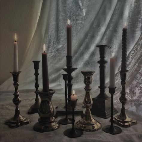 dark academia candles Dark Academia Candle Holder, Candle Dark Academia, Dark Academia Sweet 16, Dark Academia Aesthetic Party, Vintage Candle Aesthetic, Dark Academia Birthday Party Theme, Dark Academia Party Decor, Candles Dark Aesthetic, Black Candles Aesthetic