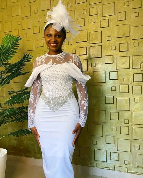 Registry Gown Styles, Registry Dress Nigeria, White Fitted Gown For Reception, Registry Office Wedding Dress Nigeria, White Kente Wedding Dress, African Bride Dress, White Lace Prom Dress, White Dress Styles, Wedding Dresses Lace Ballgown