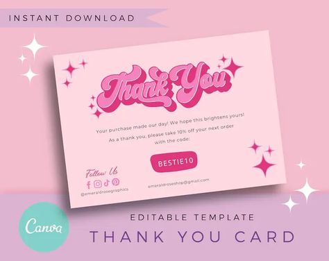 Funky Thank You Card Design, Preppy Thank You Cards Small Business, Pink Thank You Card Template, Thank You Card Cute Design, Digital Thank You Cards, Thanks For Order Cards, Y2k Thank You Card, Pink Thank You Cards, Pink Thank You Card