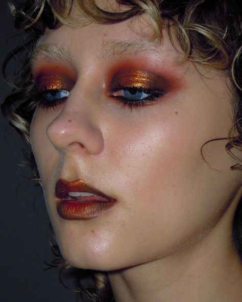 a rare sunset gold moment 🌇 i’ve been a silver person for the longest time but i need to get some gold jewellery for summer… | Instagram Silver And Gold Makeup Looks, Burnt Makeup Look, Gold And Red Makeup Looks, Gold Editorial Makeup, Gold Red Makeup, Gold And Red Makeup, Red Make Up Looks, Whimsigothic Makeup, Queer Formal