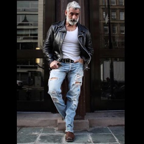 Anthony Varrecchia (@anthony.varrecchia) • Instagram photos and videos Anthony Varrecchia, Skinhead Fashion, Hair Silver, Handsome Older Men, Men Photography, Country Fashion, Leather Shirt, Leather Jacket Men, Biker Jacket