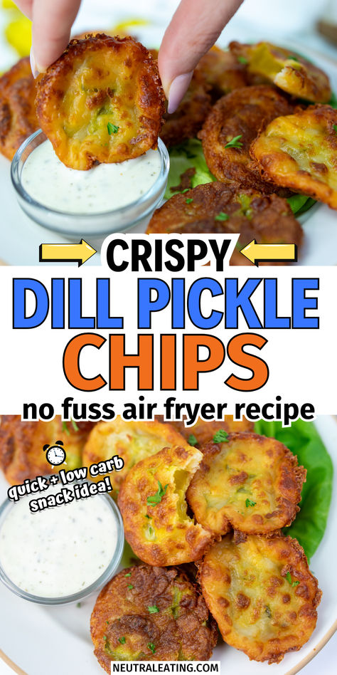 Easy Air Fryer Pickles! Low Carb Party Snacks for keto beginners clean eating Dill Pickle Fries, Healthy Snacks Spicy, Pickle Fries, Pickles And Cheese, Easy Air Fryer Pickle Chips, Air Fryer Pickle Chips, Pickle Cheese Chips, Air Fryer Dill Pickle Chips, Air Fryer Fried Pickles Easy