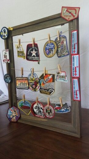 No sew way to display patches for Brian's eagle court of honor. Bsa Court Of Honor Ideas, Eagle Ceremony Decorations, Eagle Scout Ceremony Decorations, Eagle Court Of Honor Decorations, Badge Display Ideas, Patch Display Ideas, Court Of Honor Decorations, Scout Decorations, Display Patches