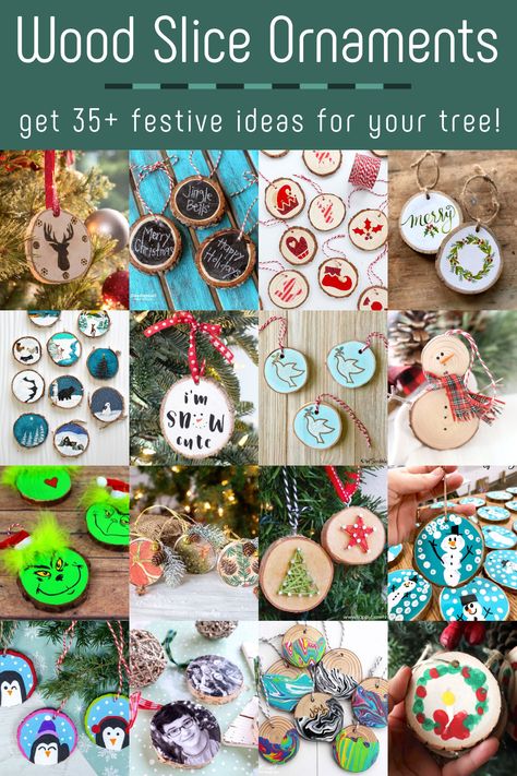 Wood Ornaments Kids Craft, How To Make Wooden Ornaments, Wooden Discs Ideas Tree Slices, Flat Wooden Ornaments Diy, Crafts With Small Wood Slices, Tree Trunk Ornaments, Wood Slice Ornament Ideas Cricut, Diy Wood Ornaments Kids, Christmas Crafts Wood Slices