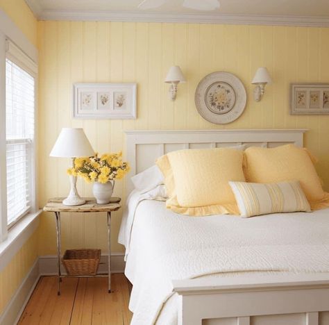 Yellow Painted Rooms, Light Yellow Bedrooms, Yellow Bedroom Walls, Yellow Kids Rooms, Decorating Your Bedroom, Yellow Bedroom Decor, Inviting Bedroom, Manufactured Home Remodel, Built In Shelves Living Room