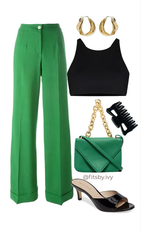 Green Dressy Outfits, Pantalon Sastrero Outfit Noche, Green Pantalon Outfit, Green Palazzo Pants Outfit, Outfits Con Verde, Pallazo Outfits, Green Style Outfit, Outfits Verdes, Green Trousers Outfit