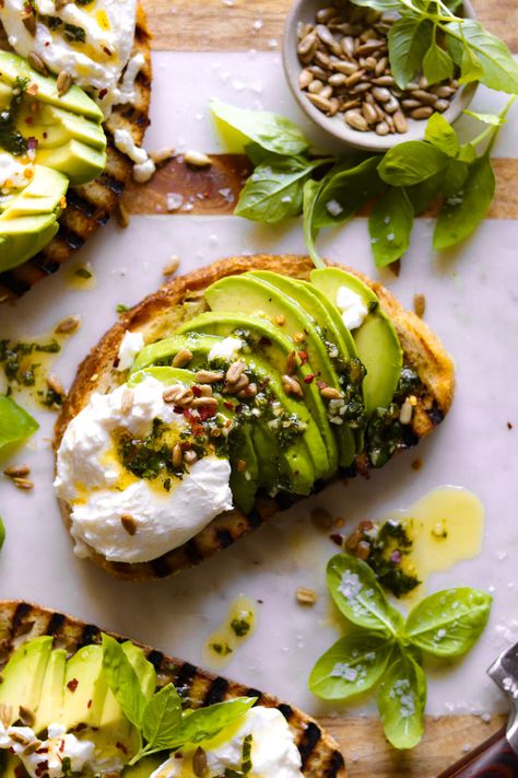 burrata avocado toast with basil vinaigrette – The Foul-Mouth Gourmet Gourmet Toast, Basil Vinaigrette, Avocado Toast Recipe, Gourmet Breakfast, Open Face, Avocado Recipes, Toast Recipes, Cafe Food, Brunch Recipes