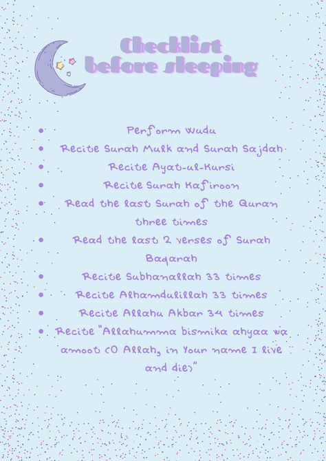 Islam Night Routine, Duaa Before Sleeping, Islamic Things To Do, Islamic Night Routine, Friday Checklist Islam, Before Sleeping Islam, Islam Checklist, Islamic To Do List, Jummah Checklist