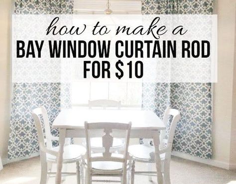 Easy DIY Bay Window Curtain Rod from herecomesthesunblog.net Dining Room Bay Window Treatments, Bay Window Covering Ideas, Shades For Bay Window, Bay Window Curtains Kitchen, Curtains For Bay Windows, Diy Bay Window Curtain Rod, Diy Bay Window Curtains, Diy Bay Window, Bay Window Decorating Ideas