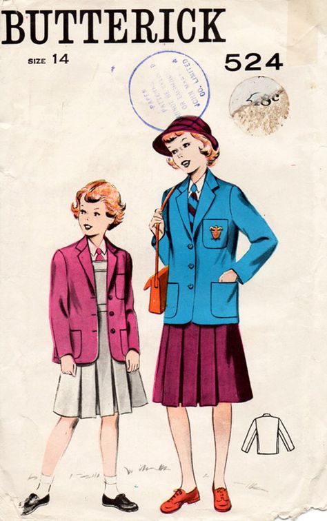 1950s School Uniform, 1950 School, 1950s Girl, School Emblem, School Blazer, 1950s Girls, Vintage Clothes Patterns, Girls Pinafore Dress, Academic Aesthetic