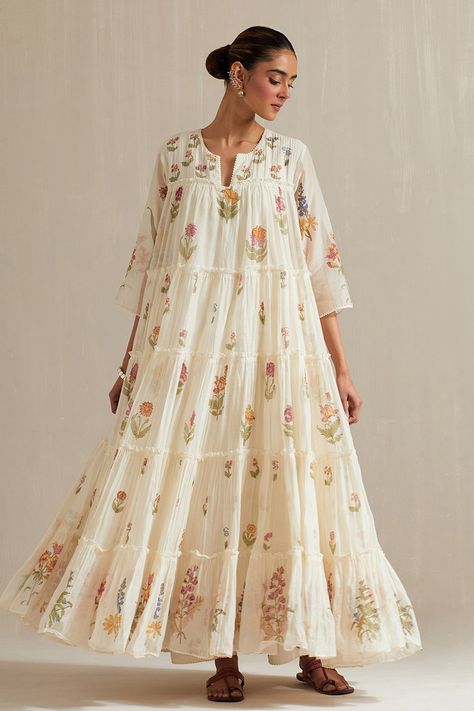 Off White Hand Block Printed Multi-Tiered Kurta With Staright Pants White Floral Anarkali, Off White Anarkali, Suit Details, White Anarkali, Eastern Wear, Block Printed Suits, Block Print Dress, Floral Block Print, Indian Tunic