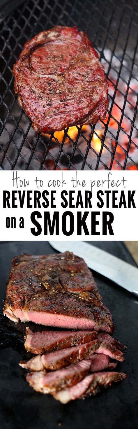 The Perfect Reverse Sear Steak using your Smoker. Using this method, you can get the perfect medium-rare steak at home using your smoker, then finishing on a hot grill. Reverse Sear Steak Grill, Reverse Seared Ribeye Steak, Traeger Ribeye Steak, Smoked Rib Eye Steak, Reverse Sear Steak Pellet Grill, Rib Eye Steak Recipes Grilled, Ribeye Steak Recipes Grilled, Smoked Steaks, Smoked Ribeye Steak