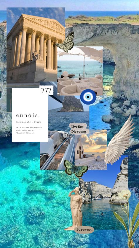 Greek Lockscreen Aesthetic, Summer Aesthetic Wallpapers, Water Aesthetic Collage, Travel Moodboard Collage, Greece Summer Wallpaper, Greek Aesthetic Collage, Greece Moodboard Aesthetic, Greece Aesthetics Wallper, Greece Vision Board