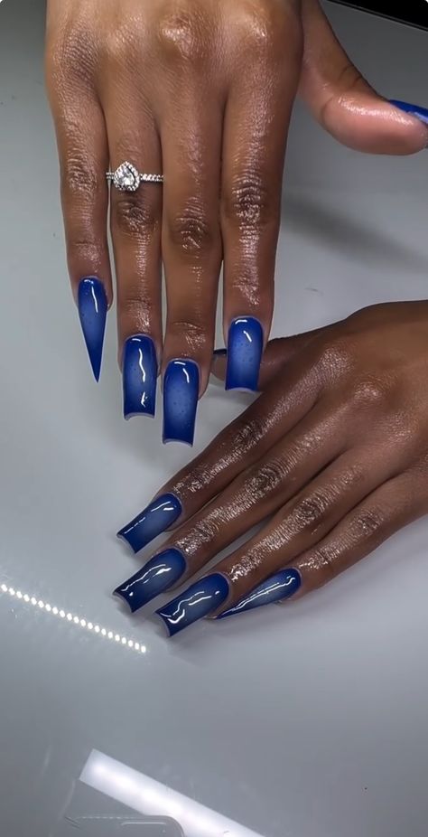 Midnight Blue Gel Nails, Royal Blue Nails Medium Length, Acrylic Nail Designs Royal Blue, Zeta Phi Beta Nails, Royal Blue And White Acrylic Nails, Black And Royal Blue Nails, Royal Blue And Black Nails, Navy Blue Nails Acrylic, Blue And Silver Nail Designs