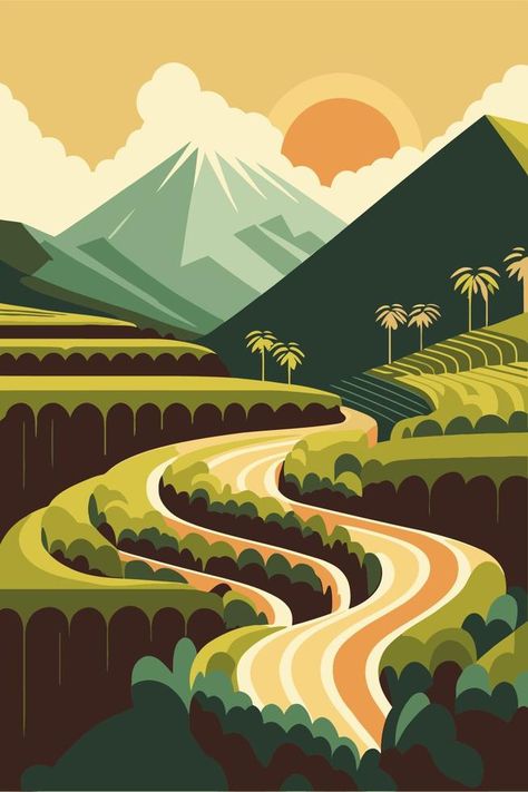 rice field terraces in mountains landscape poster vector flat color illustration background Vector Scenery Illustrations, Illustrator Illustration Vector, Person Vector Illustration, Flat Landscape Design, Nature Graphic Design Poster, Graphic Landscape Illustration, Poster Vector Design, Flat Design Illustration Landscape, Flat Illustration Poster