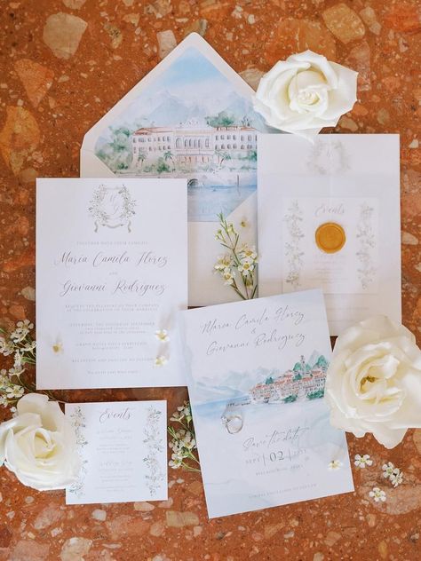 wedding invitations | An All-White Affair at Grand Hotel Villa Serbelloni in Bellagio, Italy Italy Inspired Wedding, Villa Serbelloni, Bellagio Italy, Green Field, Hotel Villa, Beautiful Wedding Invitations, Italy Wedding, Grand Hotel, Wedding Invitation Suite