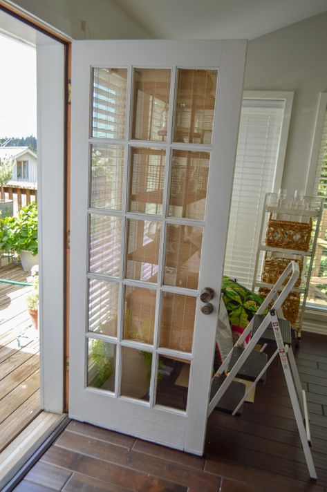 How To Paint A French Door Fast + Easy - www.foxhollowcottage.com - FREE TUTORIAL - VIDEO Before & After Painted French Doors, Kick Plate, Painting Trim, Door Trims, Exposed Wood, Door Makeover, Drop Cloth, Quick Cleaning, Raw Wood