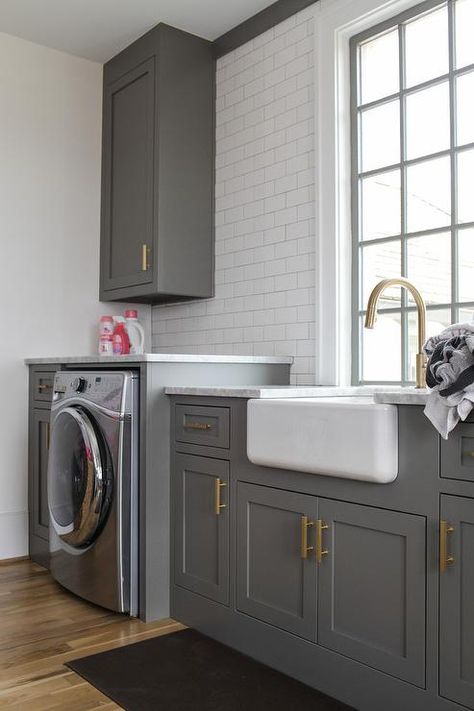 Charcoal gray laundry room Room Tiles Design, Farmhouse Laundry Room Ideas, Modern Farmhouse Laundry Room, Gray Shaker Cabinets, Grey Laundry Rooms, Laundry Room Tile, Laundry Room Storage Shelves, Small Laundry Room Makeover, Small Laundry Room Organization