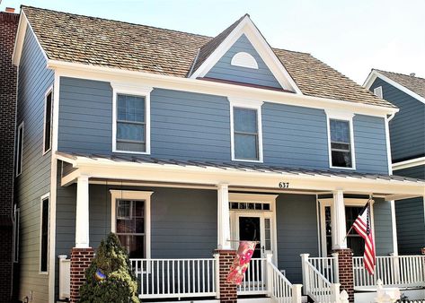 Hardie Siding | Boothbay Blue | Siding Contractor Gaithersburg, MD 20878 James Hardie Boothbay Blue, Hardie Board House, Masonite Siding, Porch Beams, White Window Trim, Hardie Board Siding, Siding Styles, Gaithersburg Maryland, Blue Siding