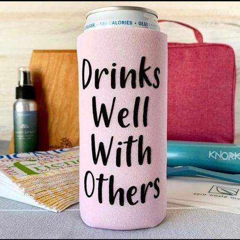 Set Of 4 Light Pink Slim Can Koozie Says, “Drinks Well With Others.” Perfect For Your Favorite Seltzer Or Skinny Can!Additional Available For A Discounted Price Comment For How Many You Want And I Can Make You A Bundle Buy One Get One Free Itemlook For Other Items With This . Free Item Applies To Item Of Equal Or Lesser Value Or 5 For $25 Item. All Items Marked With This Add To A Bundle To Get 5 For $25! Just Add Them To Your Bundle And Offer $25 Slim Koozie Ideas, Koozies Diy, Funny Koozies, Drinks Well With Others, Dachshund Birthday, Green Coffee Mugs, Coca Cola Christmas, Can Koozie, Rainforest Cafe