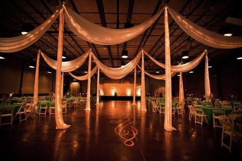 gym wedding receptions | gym wedding reception Gym Wedding Reception, Draping Curtains, Wedding Reception Dance Floor, Ceiling Draping, Nashville Wedding Venues, Prom Decor, Hall Decor, Wedding Hall, Reception Party