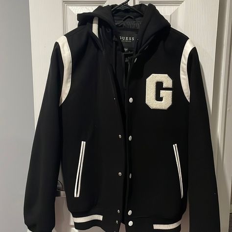 Guess Mens Hooded Varsity Jacket Guess Jacket, Classical Design, Guess Men, Jackets For Men, Mens Hooded, Front Zipper, Snap Closure, Patch Logo, Varsity Jacket