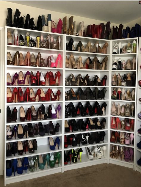 Heels Wardrobe Room, Heel Collection Closet, Heels Collection Closet, Luxury Shoe Closet, Bedroom Into Dressing Room, Bedroom Turned Closet, Diy Shoe Storage, Closet Vanity, Closet Shoe Storage