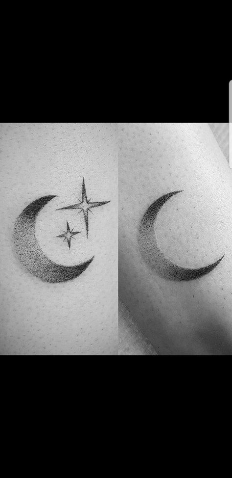 Moon Shadow Tattoo, Shaded Crescent Moon Tattoo, Negative Space Moon Tattoo, Moon Dotwork Tattoo, Crescent Moon Tattoo With Stars, Crescent Moon And Star Tattoo, Tattoos Reference, Small Crescent Moon Tattoo, Hand Palm Tattoos