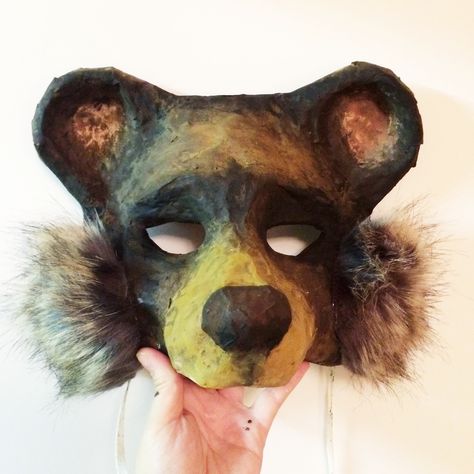 Bear Mask  Handmade using plaster cast as a base, tinfoil and masking tape, than paper mache.  Handmade by Lindsey Roo in #yxe Plaster Masks, Therian Masks, Puppet Ideas, Bear Mask, Mascaras Halloween, Therian Mask, Cute Masks, Plaster Cast, Mask Ideas