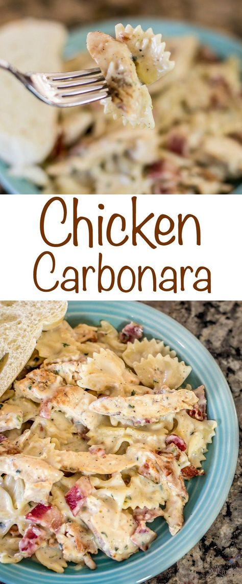 Chicken Carbonara recipe with Bacon, chicken and cheesy pasta perfection! An easy way to create a gourmet chicken dinner the entire family will enjoy!  via @2creatememories Carbonara Recept, Chicken Carbonara Recipe, Recipe With Bacon, Chicken Carbonara, Gourmet Chicken, Resep Pasta, Cream Pasta, Bacon Chicken, Carbonara Recipe