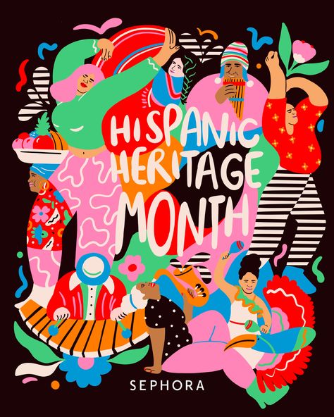 Latin Illustration Art, Latin Heritage Month Art, Celebrate Graphic Design, Latina Graphic Design, Celebration Illustration Graphic Design, Hispanic Heritage Month Graphic Design, Sephora Illustration, Cultural Graphic Design, Latinx Illustration