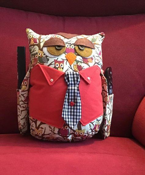 Hooty remote control holder £18 plus postage Stuffed Owls Pattern Sewing Projects, Owl Stuffy Pattern, Fabric Owls, Owl Soft Toy Pattern, Owl Sewing Patterns, Owl Sewing, Owl Cushion, Owl Shaped Patchwork Accent Pillow, Owl Artwork