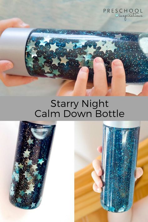 With only 3 ingredients, this is the easiest sensory bottle you'll ever make! Great for a space theme, galaxy theme, or anytime someone needs a sensory break. Calm down jars are a wonderful tool for self-regulation in preschoolers, kindergarteners, and older kids too! #preschool #sensory #sensorybottle #galaxy Day And Night Sensory Bottles, Outer Space Sensory Bottles, Star Sensory Bottle, Starry Night Craft Preschool, Galaxy Glitter Jar, Glitter Bottles For Kids, Preschool Solar System Crafts, Space Theme Arts And Crafts, Galaxy Jars Diy For Kids Easy