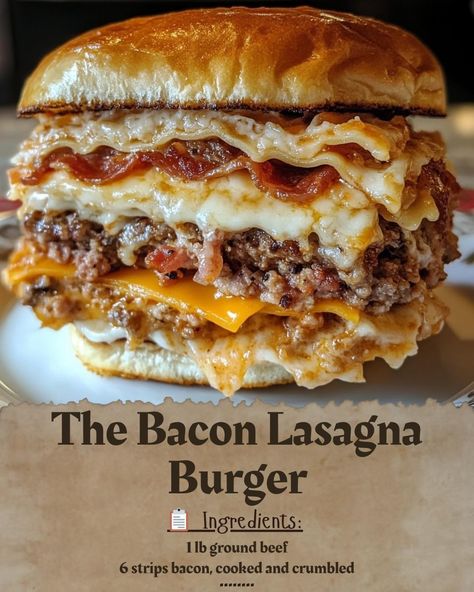 Bacon Lasagna Burger, Lasagna Burger, Bacon Lasagna, Appetizer Ideas, Sweet Snacks Recipes, Beef Recipes Easy, Food Recepie, Easy Baking Recipes, Marinara Sauce