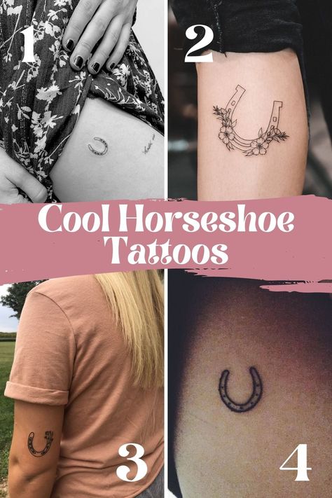 23 Lucky Horseshoe Tattoo Ideas + Designs - TattooGlee Hoof Print Tattoo Horseshoes, Lucky In Love Tattoo, Small Horseshoe Tattoos For Women, Tiny Horseshoe Tattoo, Small Horse Tattoos For Women, Tattoos Horseshoe, Horseshoe Tattoo With Flowers, Horse Bit Tattoo, Small Horseshoe Tattoo