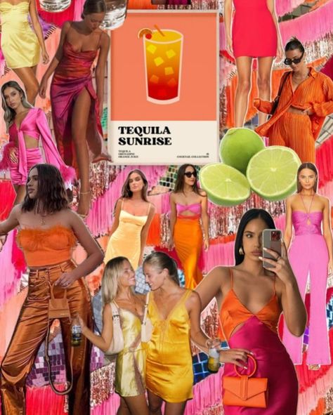 “What are we wearing?” Glad you asked, amigas! 😍 The vibe for Nourish & Flourish: Business con Amigas is *tequila sunrise chic*—warm, bold, and ready to shine. 🍊💖🧡💛 Think fiery oranges, sunset yellows, and rich pinks. Think of that outfit you’ve been waiting for months to rock… THAT’S IT! Whether you’re rocking a flowy dress or a power pantsuit, bring that *main character energy* with you.✨🔥💅🏽 Rock your tassel earrings for an extra pop of color! 🌸 Need inspo? Swipe for mood boards, o... Tequila Sunrise Mood Board, Tequila Sunset Outfit, Tequila Sunrise Outfit, Bachelorette Inspo, Tequila Sunrise, Outfit Collage, Flowy Dress, We Wear, Tequila