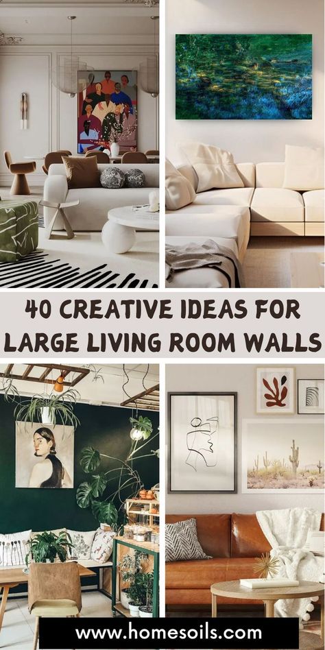 Transform your space with 40 creative ideas for large living room walls. From gallery walls to bold statement pieces, find inspiration to fill the blank canvas. Create a stylish and personalized focal point for your living room. Artwork For Large Wall Space, Large Mirror Above Couch, Big Living Room Wall Decor Ideas, Art Over Tv, Large Blank Wall Ideas, Art Behind Couch, Blank Wall Ideas, Living Room Wall Pictures, Mirror Above Couch