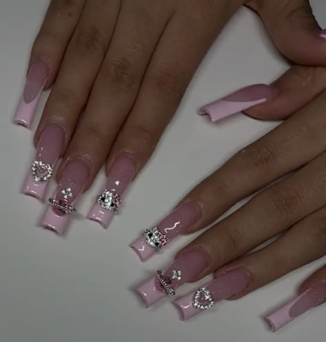 Pink Chrome French Tip Nails With Rhinestones, Long Square Nails With Charms, Curved French Tip Nails Square, Tapered Square Nails Hello Kitty, Pink French Tip Hello Kitty Nails, French Tip With Charms Y2k, Pink French Tip Nails With Cross Charm, French Tip Nails With Planet Charms, Light Pink Nails Y2k