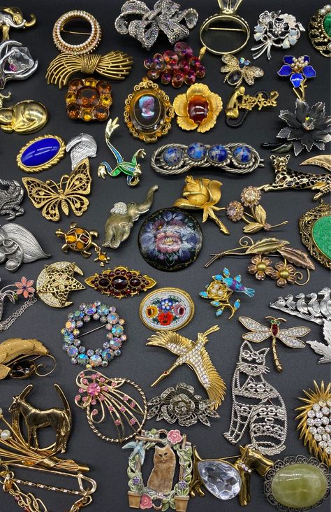 Whatnot - Brooches Weiss Trifari and More! Livestream by vintagevagabondvends #vintage_costume_jewelry Vintage Brooches Repurposed, Vintage Jewelry Display, Brooch Display, Costume Jewelry Crafts, Bijoux Art Nouveau, Patch Collection, Sneakers Luxury, Trifari Jewelry, Purple Sapphire