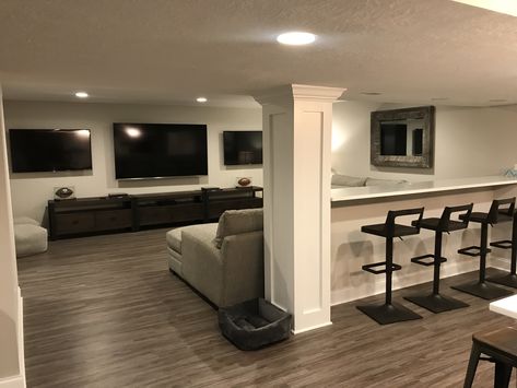 Basement Set Up Ideas Layout, Small Bar In Basement, Basement Set Up Ideas, Basement Pillar Ideas, Basement Couch Ideas, Basement Layout Floorplan, Basement Furniture Layout, Basement Furniture Ideas, Basement Living Room Ideas