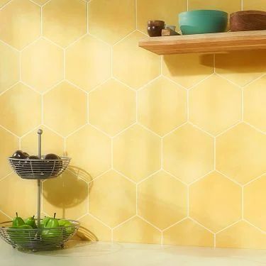 Encaustic Tiles for Floors & Walls | TileBar.com Yellow Bathroom Tiles, Porcelain Hexagon Tile, Matte Porcelain Tile, Decorative Wall Tiles, Yellow Tile, Matte Tile, Unique Flooring, Yellow Bathrooms, Encaustic Tile