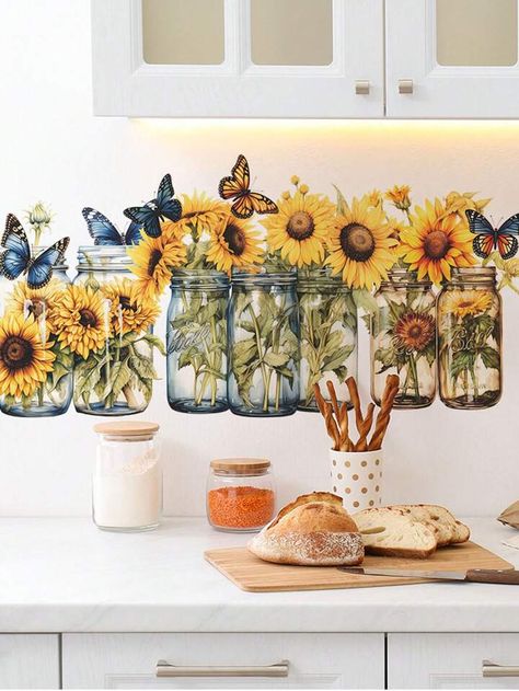 Sunflower Wall Decor, Sunflower Vase, Sunflower Kitchen, Sunflower Wall Art, Kitchen Wall Stickers, Butterfly Wall Stickers, Floral Stickers, Butterfly Wall, Frame Wall Decor