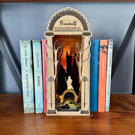 Lord of the Rings inspired Book Nook Assembled and Painted Book Shelf Insert With Light Diorama Library - Etsy Turkey Lotr Book Nook, Lord Of The Rings Wood Projects, Book Nook Lord Of The Rings, Lord Of The Rings Book Nook, Orson Scott Card, Bookcase Decor, Book Lights, 3d Cnc, Laser Art