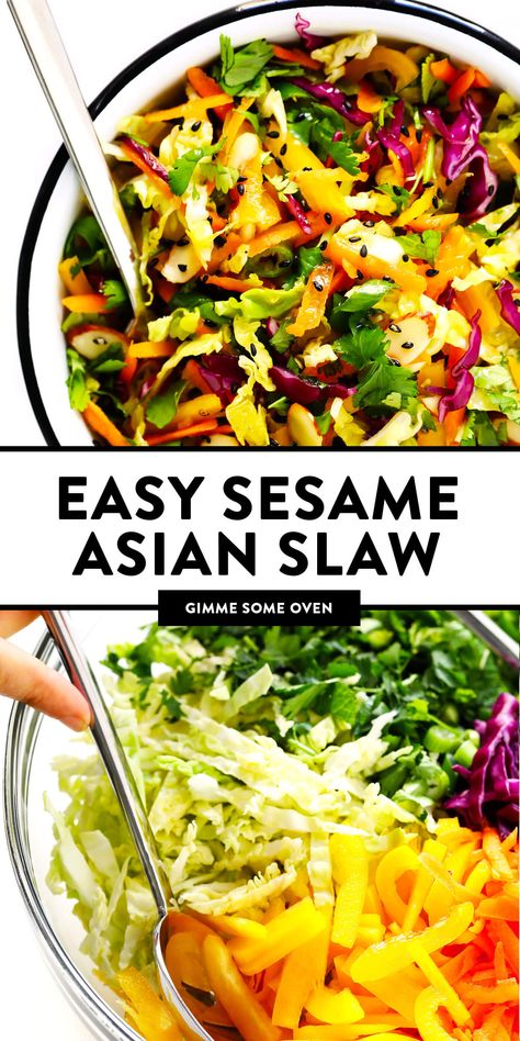 This easy Sesame Asian Slaw recipe is quick and easy to make, tossed with the yummiest sesame vinaigrette, and can easily double as a side salad or big entree salad. Feel free to add in a cooked protein (such as chicken, steak, shrimp or tofu) and an avocado to really kick this slaw up a notch! | gimmesomeoven.com #asian #salad #slaw #side #healthy #glutenfree #vegetarian #vegan #makeahead #mealprep #dinner Easy Asian Salad, Sesame Slaw, Sesame Vinaigrette, Asian Slaw Recipe, Asian Chopped Salad, Asian Salad Recipe, Side Salad Recipes, Slaw Recipe, Asian Slaw