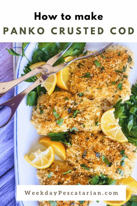 The perfect baked (not fried!) panko cod fillets recipe with lemon, dijon and fresh herbs. So simple to bake in the oven and the whole family will love it. Can be made using fresh cod or frozen and thawed fillets. Pin this one to your favorite board today! Recipes Using Cod Fillets, How To Fix Cod Fillets, Frozen Cod Fillets Recipes, Panko Cod, Sauce For Salmon Patties, Frozen Fish Recipes, Panko Crusted Cod, Cod Fillet Recipes, Napa Cabbage Slaw