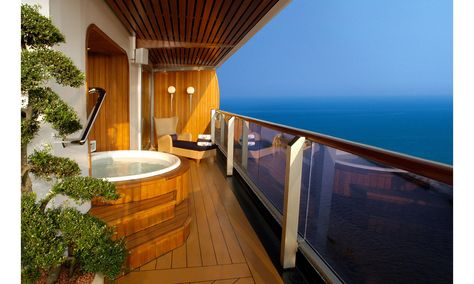 A far cry from cramped cabins, these sleek and stately rooms offer tons of space, impressive amenities—in-room spas, personal butlers and grand pianos, to name a few—all with world-class ocean views. Pictured: HOLLAND AMERICA LINE. Retreat to the spacious veranda and take a dip in a private hot tub overlooking the ocean. Cruise Ships Interior, Cruise Honeymoon, Top Cruise, Best Cruise Ships, Luxury Cruise Ship, Holland America Line, Disney Fantasy, Holland America, Best Cruise